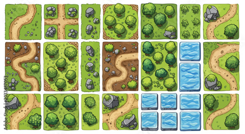 Top-down fantasy map tiles, 21 cartoon landscape elements for game design, modular nature environment vector with paths, trees and water