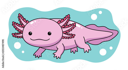 Foto Cute Pink Axolotl Cartoon Character Swimming in Water