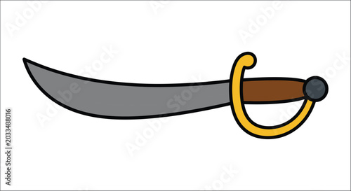 Tableau sur toile Curved saber illustration with black outline and yellow hilt on white background