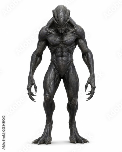Towering space alien monster muscular biped creature with smooth charcoal skin ridged skull broad shoulders powerful claws calm aggressive stance full body front view