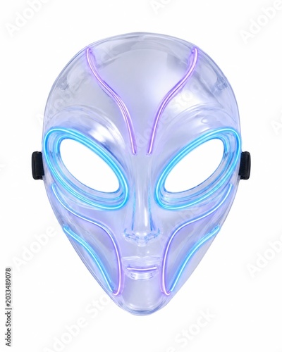 Transparent alien face mask with blue and violet el wire patterns frosted clear plastic shell continuous luminous lines around the eyes and cheek curves premium party accessory design