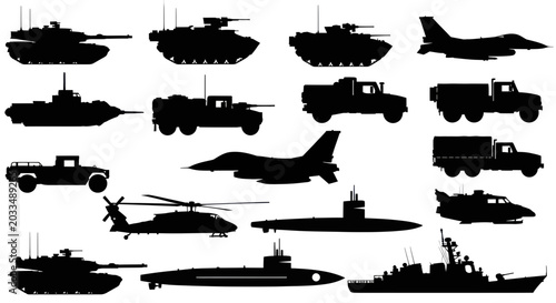 Quadro su tela Military Vehicle Silhouettes: Tanks, Jets, Helicopters, Submarines, and Trucks