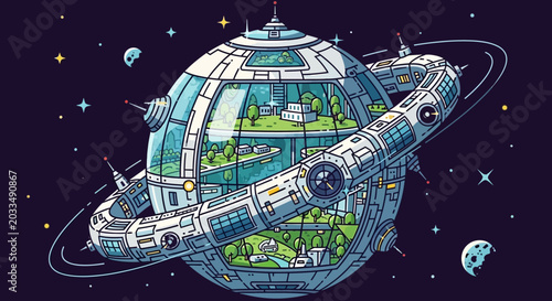 Futuristic Space Station Colony Orb with Green Nature and Buildings, Pixel Art Style