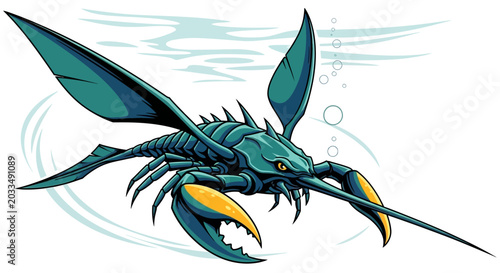 Fotografie Fantasy Sea Creature: Blue Lobster Kaiju with Wings and Sword-like Snout