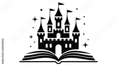 Valokuva castle icon with open book, stars and towers for magical fantasy education theme, wizardry learning emblem with fairy tale night sky background and enchanted storytelling design concept