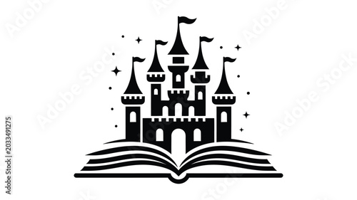 Canvas-taulu castle icon with open book, stars and towers for magical fantasy education theme, wizardry learning emblem with fairy tale night sky background and enchanted storytelling design concept
