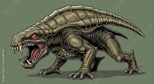 Photos Fierce Reptilian Creature Illustration with Sharp Teeth and Red Eyes