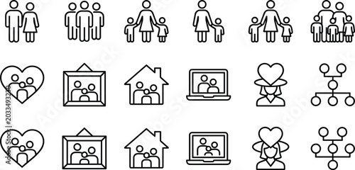 Foto Family values and genealogy line icon set featuring single parents heart home st