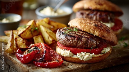 Gourmet Grilled Beef Burger with Roasted Tomatoes and Potato Wedges