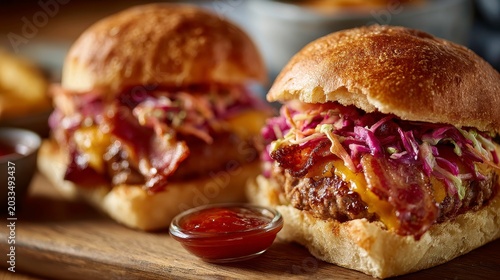 Gourmet Bacon Cheeseburgers with Coleslaw on Wooden Table