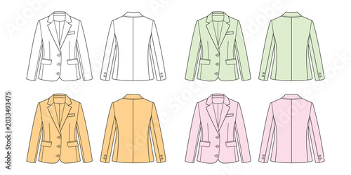 Set of four colorful womens blazers, front and back view, fashion technical sketch vector illustration