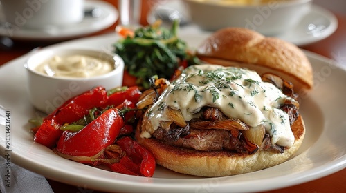 Gourmet Burger with Melted Cheese and Roasted Vegetables on Plate