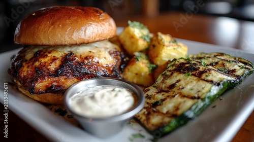 Grilled Chicken Burger with Roasted Potatoes and Zucchini