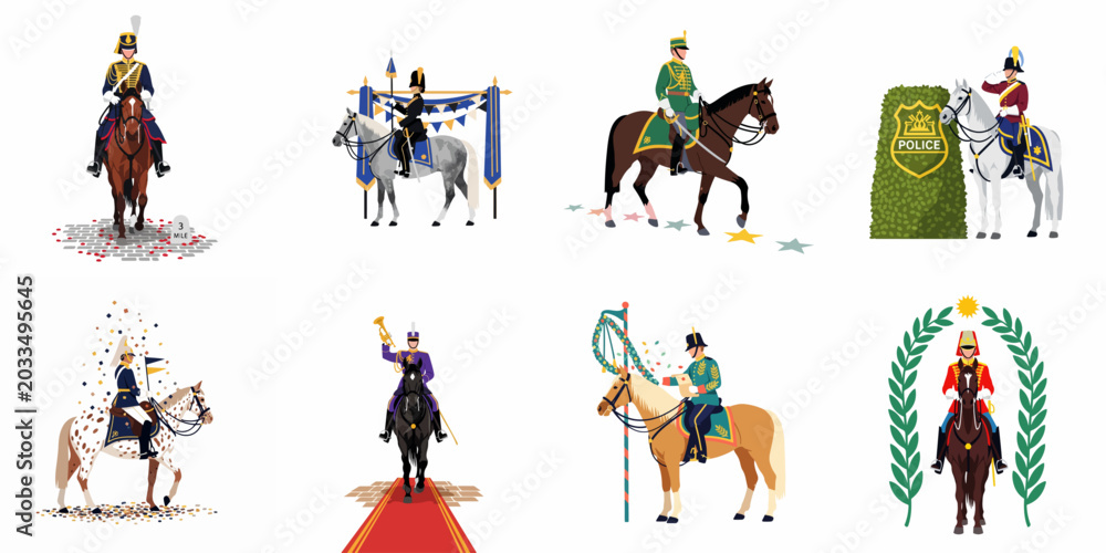 Fototapeta premium Collection of diverse ceremonial mounted guards in traditional uniforms on different horses, illustrating military heritage, parades, and historical celebration events.
