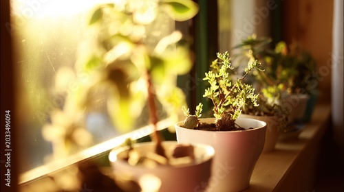 Open window with houseplants gradually moved to sunny sill, warm morning light, shallow depth, home nature still life