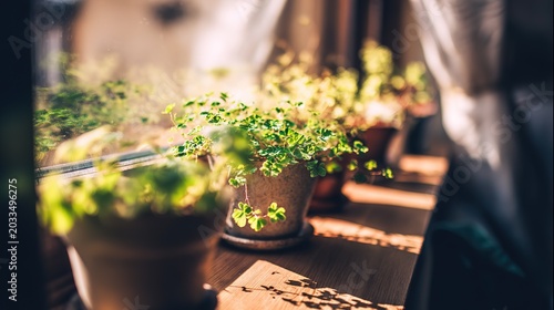 Open window with indoor potted plants gradually shifted to sunny sill, warm morning light, shallow depth, gardening still life