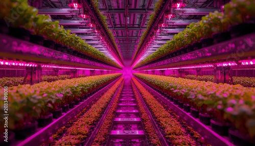 Vertical farming facility growing crops under pink led lights in a futuristic indoor hydroponic system for sustainable agtech marketing