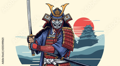 Obraz na plátně Japanese Samurai Warrior in Armor with Sword, Red Sun and Castle Background