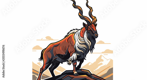 Majestic Markhor Goat with Spiraling Horns on Rocky Mountain Peak