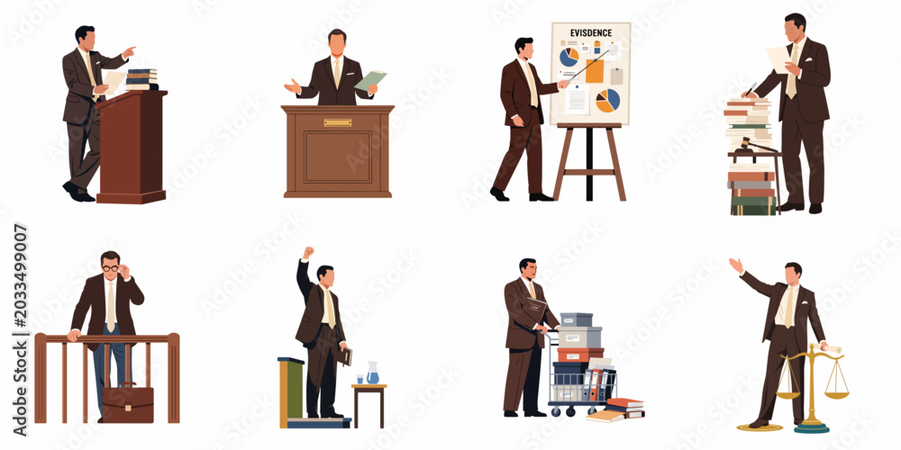 Fototapeta premium Collection of flat design illustrations showing a professional male lawyer in different courtroom and legal activities like presenting evidence and defending clients.