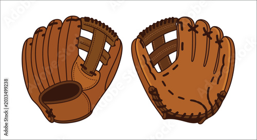 Tableau sur toile Baseball Gloves Illustration Brown Leather And Lacing On White Background