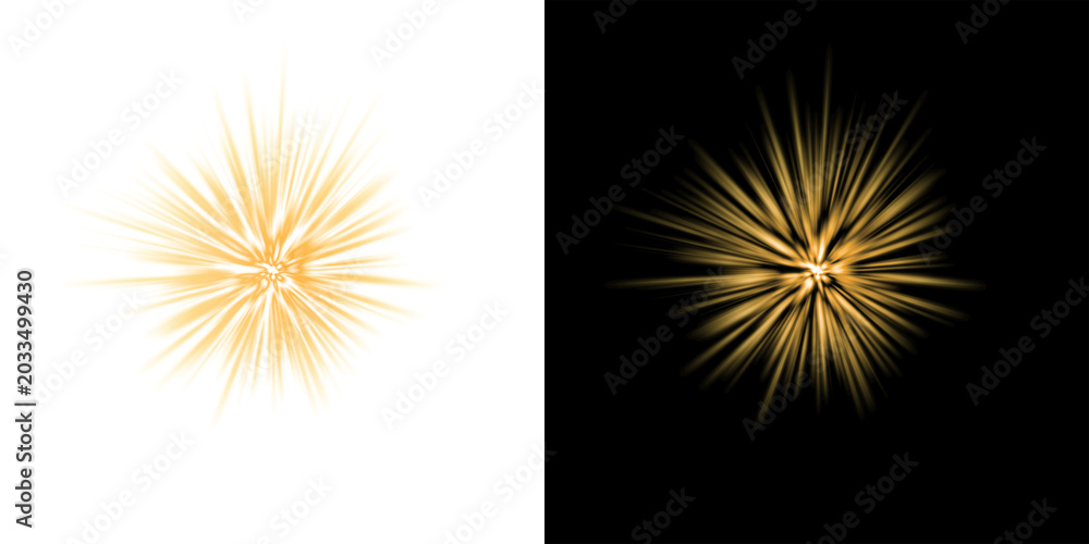 Fototapeta premium Golden sparkle starburst firework with spiky rays on transparent and black background, isolated glowing overlay