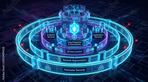 Layered cybersecurity infrastructure model showing perimeter security network segmentation access control.