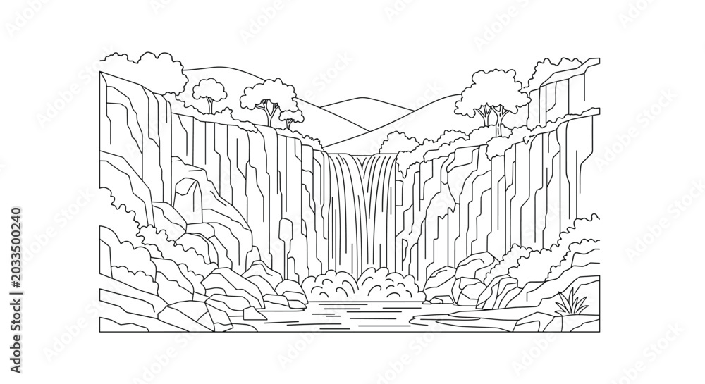 Fototapeta premium Detailed black and white line art illustration of majestic waterfall flowing between steep rocky cliffs under cloudy sky.