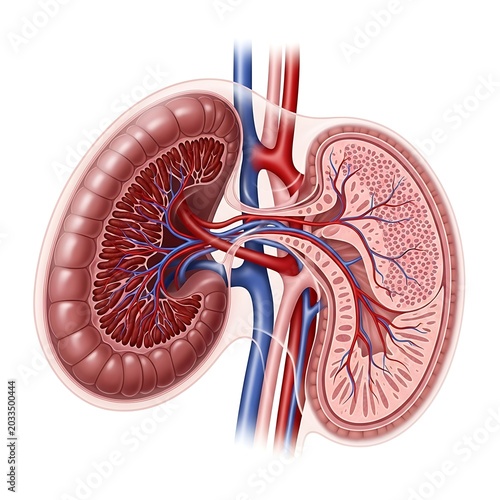 3D medical illustration of human kidneys with blood vessels.