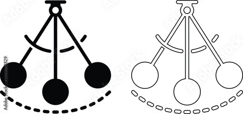 Tableau sur toile Vector illustration of a swinging pendulum icon representing physics, motion, and gravity, presented in both solid black silhouette and line art outline styles for science design