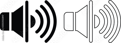 Tableau sur toile Vector icon set of a loudspeaker speaker emitting sound volume waves in solid black silhouette and line outline styles isolated on a white background for audio media design