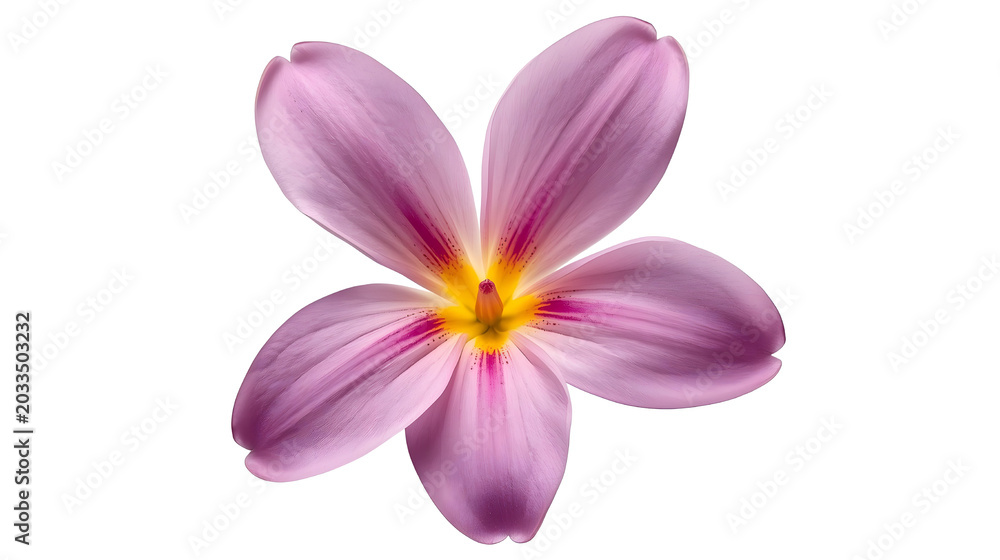 Obraz premium Close-up of a vibrant pink and purple five-petaled flower with a bright yellow center, isolated on a clean white background.