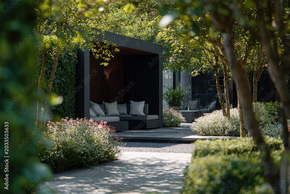 Obraz premium Elegant Scandinavian Villa Exterior Garden Perspective