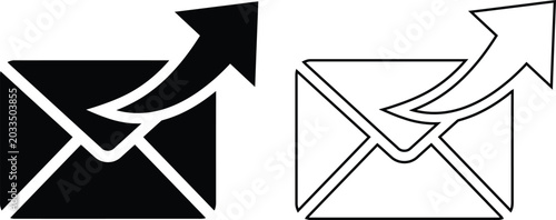 Foto Vector illustration of a send email icon featuring a flat black silhouette and outline envelope with an arrow, symbolizing message dispatch and digital internet communication