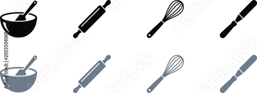Photos Set of black and grey kitchen baking tools icons including a mixing bowl rolling