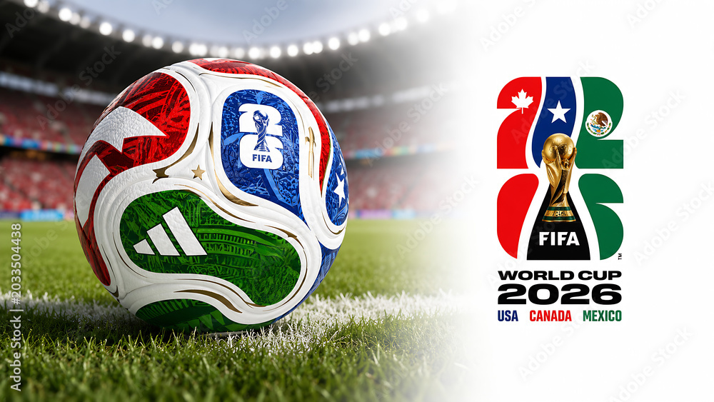 Official FIFA World Cup 2026 Match Ball on Pitch and official logo of soccer tournament in USA, Canada and Mexico Official FIFA World Cup 2026 Match Ball on Pitch and official logo of soccer tournament in USA, Canada and Mexico