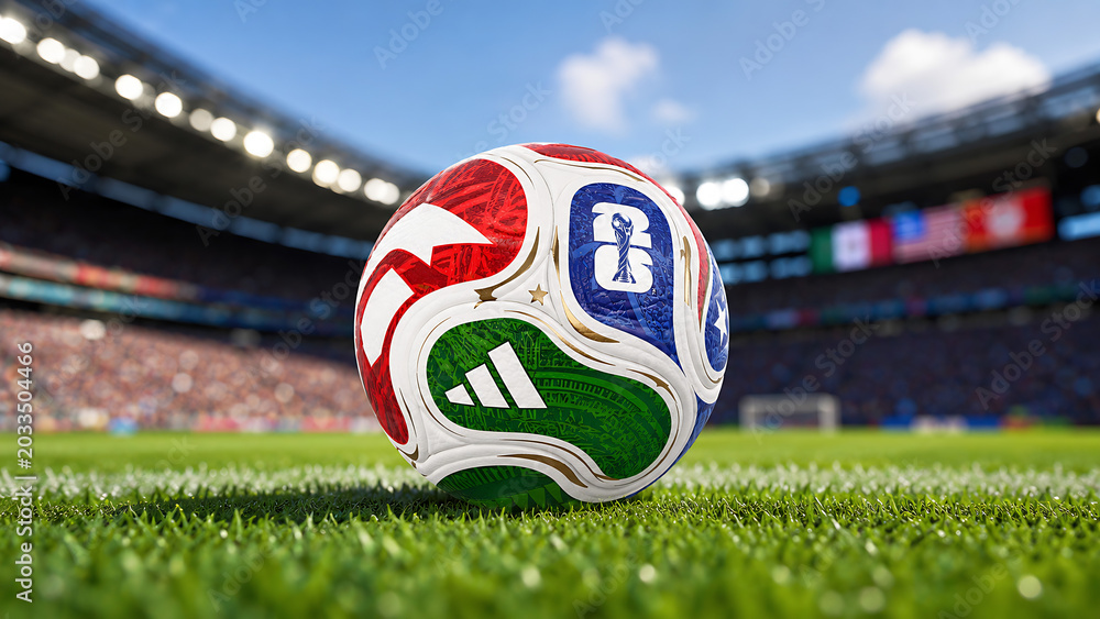 Official FIFA World Cup 2026 Match Ball on Pitch and official logo of soccer tournament in USA, Canada and Mexico Official FIFA World Cup 2026 Match Ball on Pitch and official logo of soccer tournament in USA, Canada and Mexico