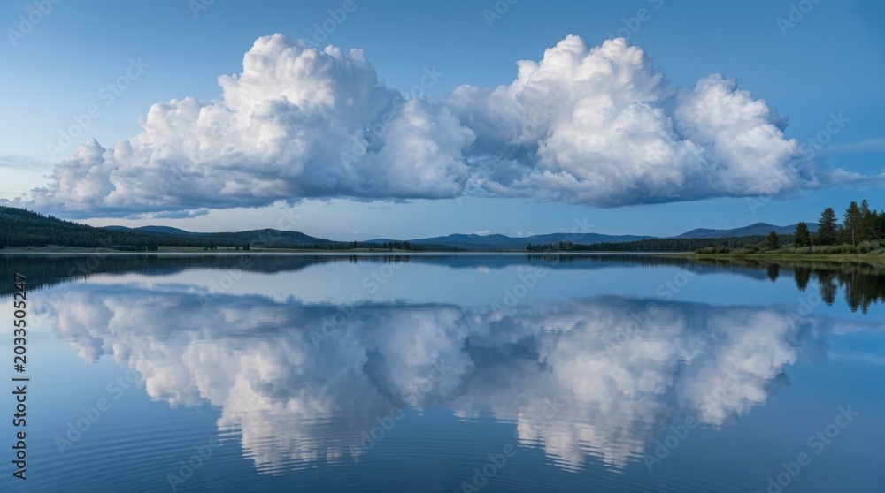 Fototapeta premium Cumulus clouds reflecting in a calm lake at sunset with evening light reflection on water the environment reflection landscape peaceful tranquil