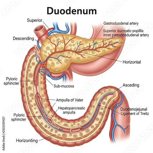 Anatomical diagram of the human duodenum structure.