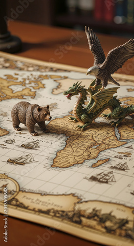A fantasy map with a dragon eagle and bear figurines on a wooden table evoking a sense of adventure exploration and mythology.