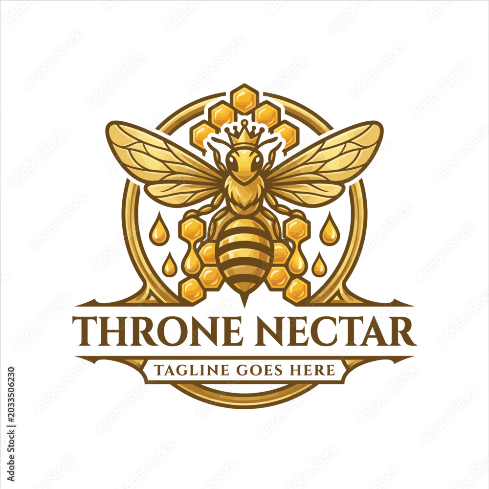 Fototapeta premium Queen bee wearing a crown on a honeycomb throne nectar logo.