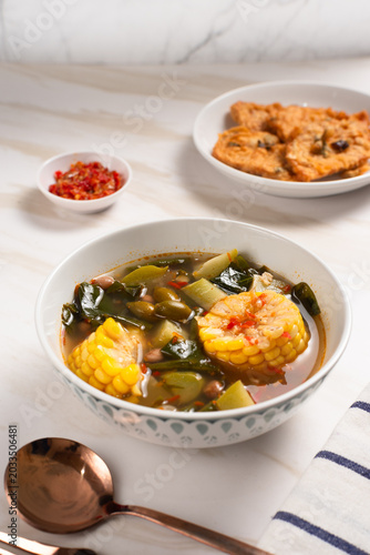 Sayur Asam or Sayur Asem is a type of vegetable dish that is typical of Indonesia. Perfect for recipe, article, catalogue, or any commercial purposes. with copy space.