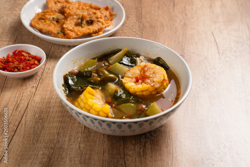 Sayur Asam or Sayur Asem is a type of vegetable dish that is typical of Indonesia. Perfect for recipe, article, catalogue, or any commercial purposes. with copy space.