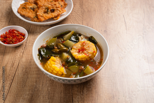 Sayur Asam or Sayur Asem is a type of vegetable dish that is typical of Indonesia. Perfect for recipe, article, catalogue, or any commercial purposes. with copy space.