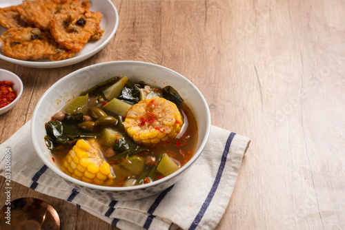 Sayur Asam or Sayur Asem is a type of vegetable dish that is typical of Indonesia. Perfect for recipe, article, catalogue, or any commercial purposes. with copy space.