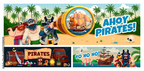 Fotografi Cartoon pirate and corsair characters, kids party banners with captains and crew
