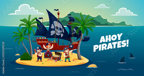 Fotografie Kid pirates on tropical Caribbean island with treasure chest and corsair ship with Jolly Roger skull sails at sea or ocean