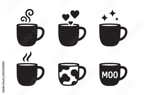 Coffee cup silhouettes with decorative elements black and white