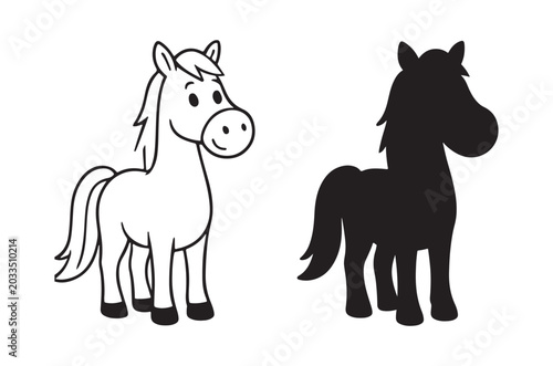 Horse silhouette and line art illustration on white background