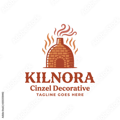 Photos Traditional brick kiln oven logo with rising flames and smoke for bakery or pottery branding